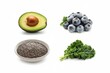 © Md nur - Fresh superfood ingredients avocado, blueberries, chia seeds, and kale on white background for healthy diet concept