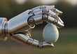 © Tamimt9b - Abstract Metallic Robotic Hand Gently Holding a Cracked Egg in a Delicate Grasp Concept Image