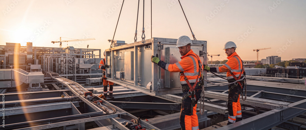 Instalación de equipo HVAC en azotea con grúa