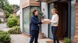 © RedCat - A woman delivers a package to another woman at her home front door, package delivery, home delivery service, online shopping, customer service.