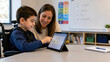 © Artyom - Teacher guiding a smiling boy in a wheelchair using a tablet for communication and learning in an inclusive classroom