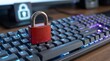 © DrexDesign - Cybersecurity padlock on mechanical gaming keyboard, digital data protection concept, red lock on computer hardware for network safety