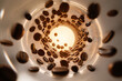 © SHOTPRIME STUDIO - Roasted coffee beans fall through a transparent glass cylinder toward a bright warm light source. Motion blur and dynamic composition create an energetic view. Concept for beverages, cafe.