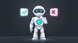© MdRaju - 3D Cute Robot Making Decision Between Checkmark and Cross Sign