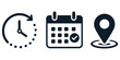 © topceptart - Clock, calendar and location pin vector icon collection for time, date and address concepts, appointment scheduling, meeting deadlines, business planning, productivity and organization