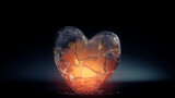 Broken glass heart with internal glowing light symbolizing emotional pain, heartbreak, loss, and the enduring resilience of love amidst difficult and shattered experiences.