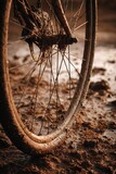 A bicycle wheel shows thick mud after a ride through nature. The dirt covers the spokes and rim, reflecting the journey taken on a muddy path during outdoor exploration