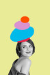 © deagreez - Vertical art 3d creative image collage of happy glamour girl wear geometric figure hat haircare salon beauty procedure treatment