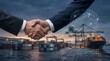 © ZULFITRAH - Global trade logistics partnership concept with business handshake and digital network over industrial shipping port and cargo containers