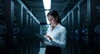© Vision Vault - Focused businesswoman in white shirt and dark skirt uses tablet in a server room with racks