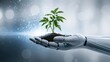 © Anca - A futuristic robot hand gently cradles a delicate green seedling, symbolizing the harmonious integration of technology and nature in a bright. Created with Generative AI, not depicting real subjects.