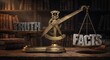 © Julia - Ornate antique brass scale weighing stone letters spelling 'TRUTH' against cracked concrete letters spelling 'FACTS' in a dramatic conceptual macro scene