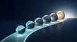 © نعمان عارف - Futuristic 3D render of transparent glass spheres arranged on a curved glowing neon path with one standout illuminated golden orb, symbolizing leadership and innovation in technology.