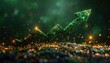 © nanskyblack - Green financial arrow surrounded by golden metallic particles, dark clean investment image