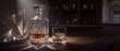 © Mino - Crystal whisky decanter and glass with single ice cube on dark wooden bar counter light refracting beautifully in luxury tavern interior mood