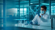 © SUKAMTO - scientist conducting DNA research in a futuristic lab environment with digital genetic data visualization
