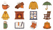 © Abida Sultana 96 - Cozy Autumn and Winter Season Line Icons Vector Set with Sweater, Fireplace, Hot Drink, and Fall Elements.