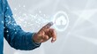 © Design Store - Man in denim shirt touching luminous cloud computing icon with flowing stardust particles represents data backup and secure server storage solutions in modern digital environment.