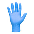 © Chinases - Single light blue disposable medical glove is shown with an open palm gesture, isolated on a clean white background