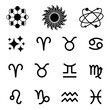 © Rifat - Collection of astronomical and zodiac symbols including moon phases, a sun, an atom model, stars, and various astrological zodiac sign