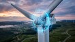 © Design Store - Digital wind turbine with glowing circuits and futuristic interface representing renewable energy technology and smart grid integration for sustainable power generation and industrial innovation.