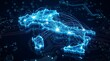 © Design Store - Luminous outline of Italy map with glowing blue connections, representing digital network, data transfer, and connectivity across country for technology concepts.