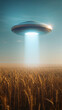 © Anzhelika - Futuristic flying saucer hovering above a wheat field with a luminous beam. Science fiction encounter, extraterrestrial technology and mysterious agricultural landscape concept.