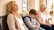 © Maryia - One moment of closed-eye rest captures sandwich generation strain as woman navigates menopause fatigue beside child and senior relative in waiting area.