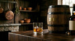 © nasima - Glass of whiskey with ice on a wooden table in a cellar