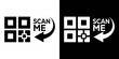 © bibin - Target framed QR code icon featuring a curved arrow pointing right with Scan Me label. Flat vector illustration for mobile reader recognition, digital payment, URL redirection, and UI design.