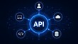 © Hamzah - Application programming interface glowing text connecting to digital software icons representing system network integration