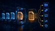 © Home Stock - Automated digital data processing pipeline with glowing document holograms moving through high tech futuristic conveyor belt