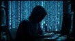 © Salman - Hooded figure typing on computer with blue binary code