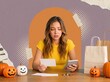 © DesignVectX - Caucasian woman examining receipt and smartphone beside shopping bags and halloween pumpkins in textured collage scene