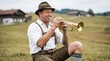© Rahmat  - Senior Man in Traditional Lederhosen Playing Trumpet in Alpine Meadow