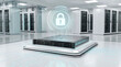 © Al - Cyber security padlock icon glowing on database server rack inside modern data center