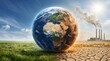 © Zaldy - Global environmental crisis metaphor featuring earth resting between healthy green fields and industrial pollution with cracked soil