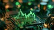 © Shahriar - Glowing green financial trading charts rise from a high-tech computer processor. Represents digital economy, stock market data analysis, and advanced fintech technology.