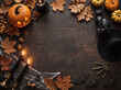© Mugi Studio - Moody Halloween background featuring pumpkins, spider web details, autumn leaves, dark wood texture, and generous space for seasonal copy