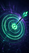 © Mirivox - Neon green arrow hitting a digital target with binary code, symbolizing digital strategy and success in technology and business.
