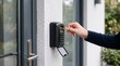 © Максим Новосветлов - Person opening a black key safe box mounted on a white wall next to a modern gray entrance door.