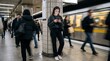 © Максим Новосветлов - Young woman using smartphone with headphones standing on subway station platform amidst passing commuters.