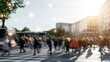 © Generative AI - Blurred crowd crossing street with digital network overlay symbolizing connectivity in urban environment
