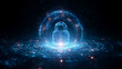 © CinimaticWorks - glowing blue digital padlock inside a circular ring symbolizing cyber security data protection and futuristic network security technology background concept