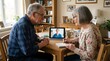 © syah reiza - Senior couple sitting at a wooden table in their living room, having an online video consultation with a doctor on a tablet
