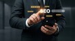 © Sukon - A professional businessman interacting with digital SEO and customer review interface.