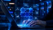 © Ridwan_DigitalGrid - Developer working on laptop with glowing digital jigsaw puzzle and network icons representing software integration and complex system architecture
