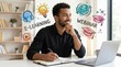 © Stock Spectrum - Smiling African man studying with e-learning sketch elements.