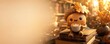 © W.O.W - Cute acorn character holding a cup of coffee while sitting on old books. Cozy autumn reading concept with copy space for seasonal greeting card and editorial design