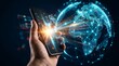 © BondGraphics - Man using a mobile smartphone with a global network connection representing AI technology and algorithms.